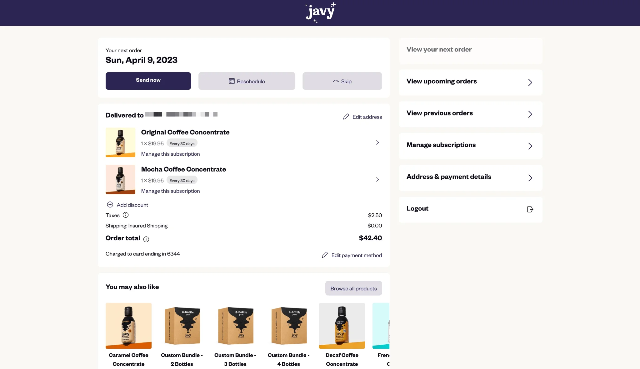 Screenshot of the Javy Coffee storefront using the Affinity customer portal theme