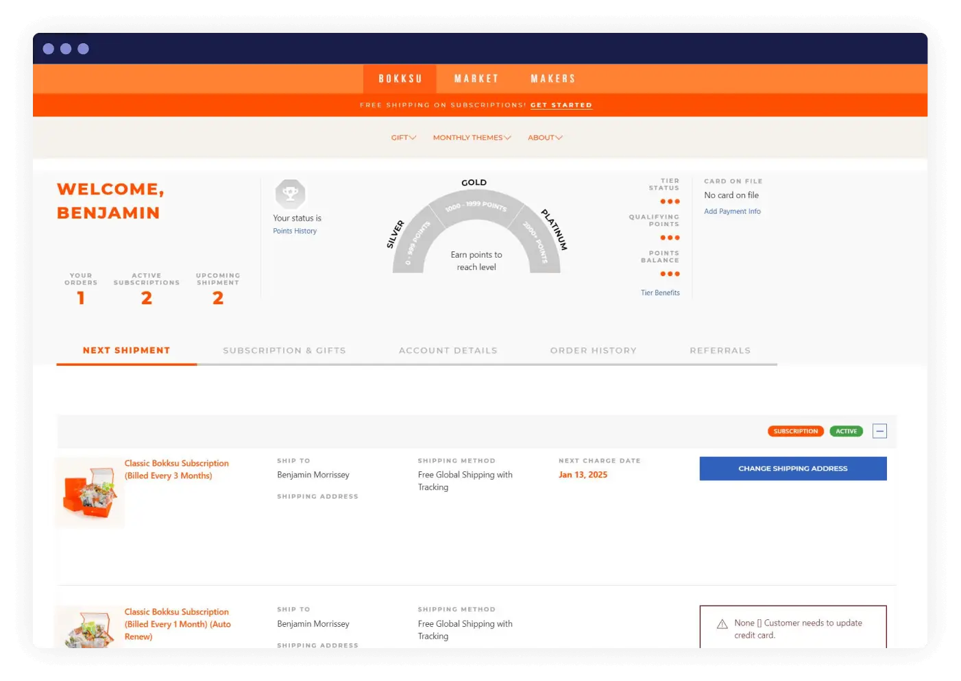 Screenshot of the Bokksu customer portal built using the Theme Engine