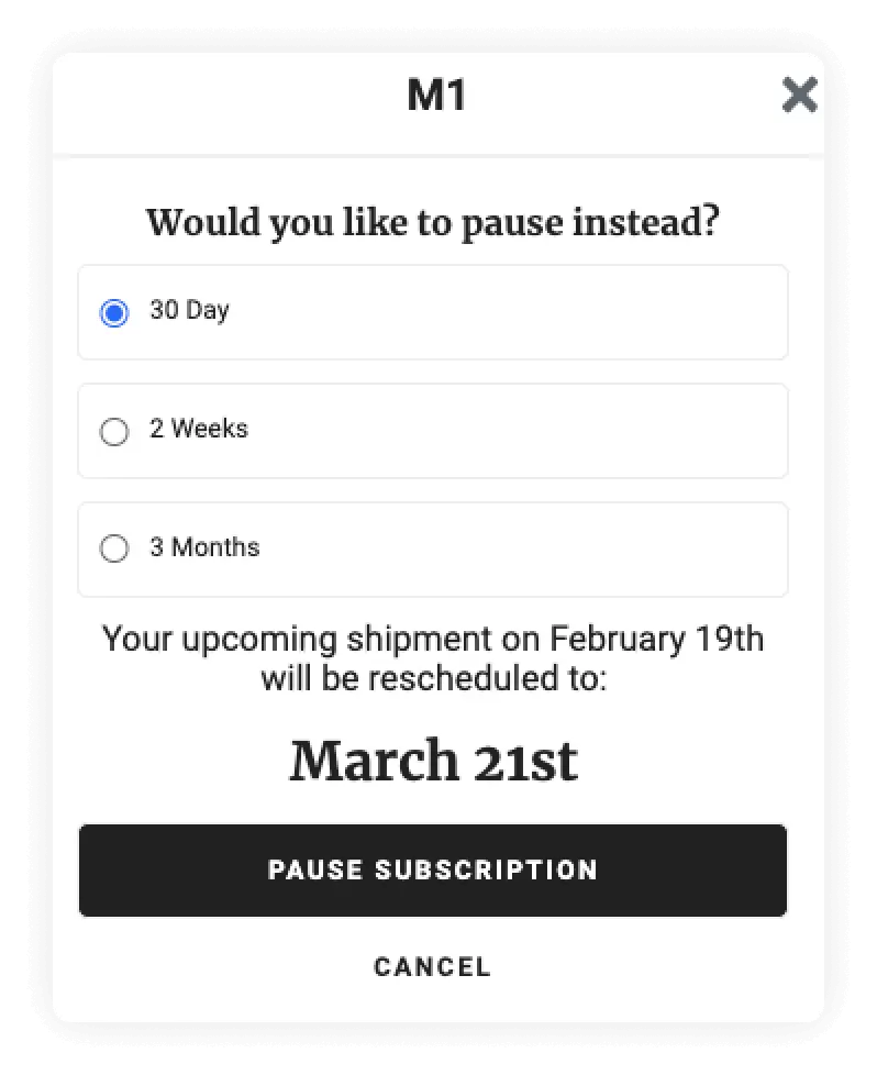 Screenshet of the pause subscription prompt