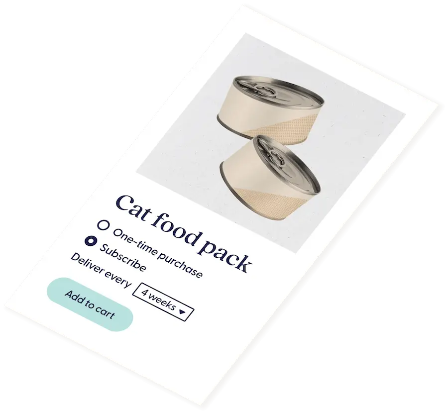 Card featuring cans of cat food illustrating the ability to sign up for a subscription