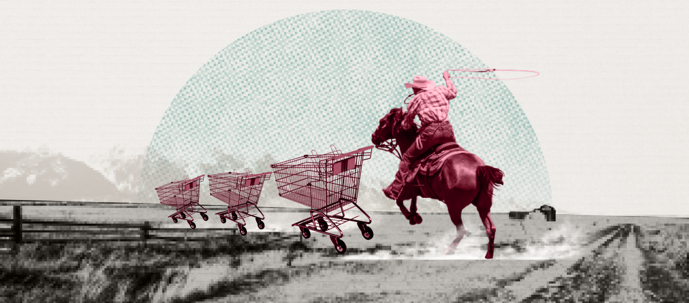 A cowboy trying to lasso runaway shopping carts representing trying to retain customers who cancel subscriptions (churn reduction)