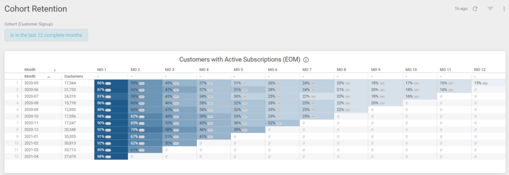 A merchant-facing dashboard showing customers with active subscriptions each month of the year.