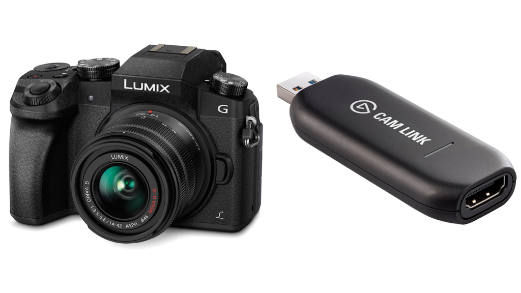 A digital video camera, the Panasonic Lumix G7, set alongside the Elgato Cam Link 4K, which looks like a small black USB dongle, set together against a white background. Used together these give you quality video for remote working 