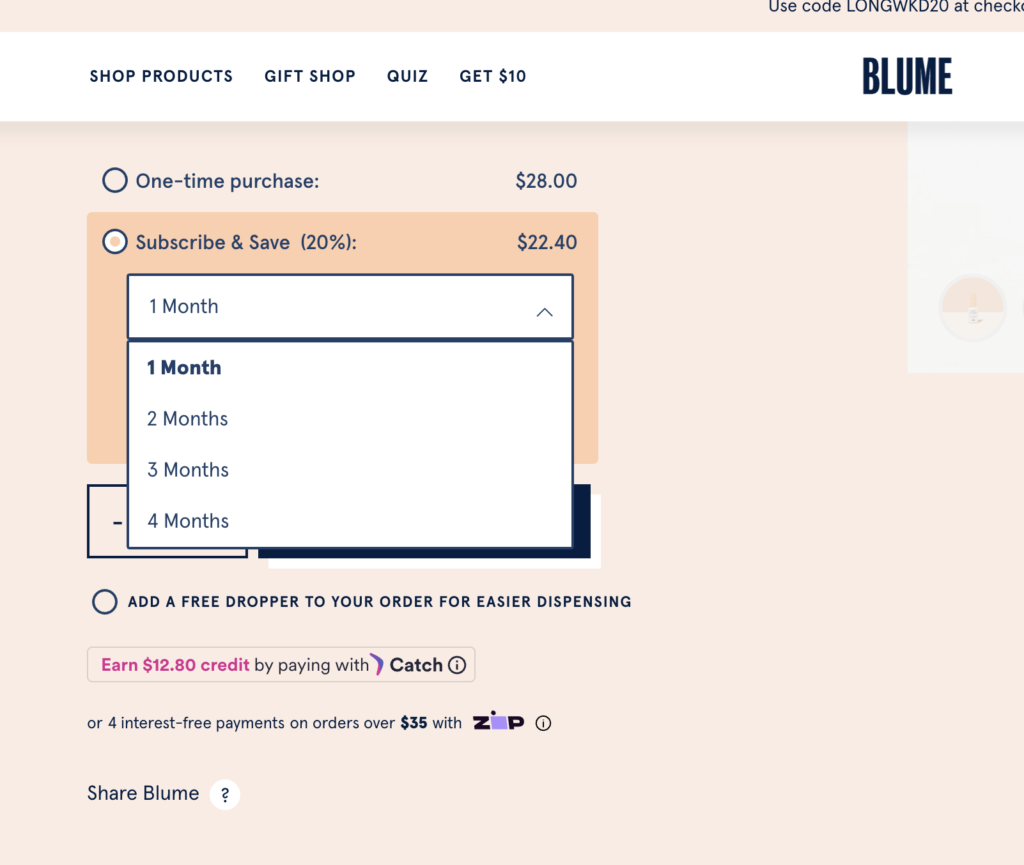 Blume enables multiple options for shipping intervals.