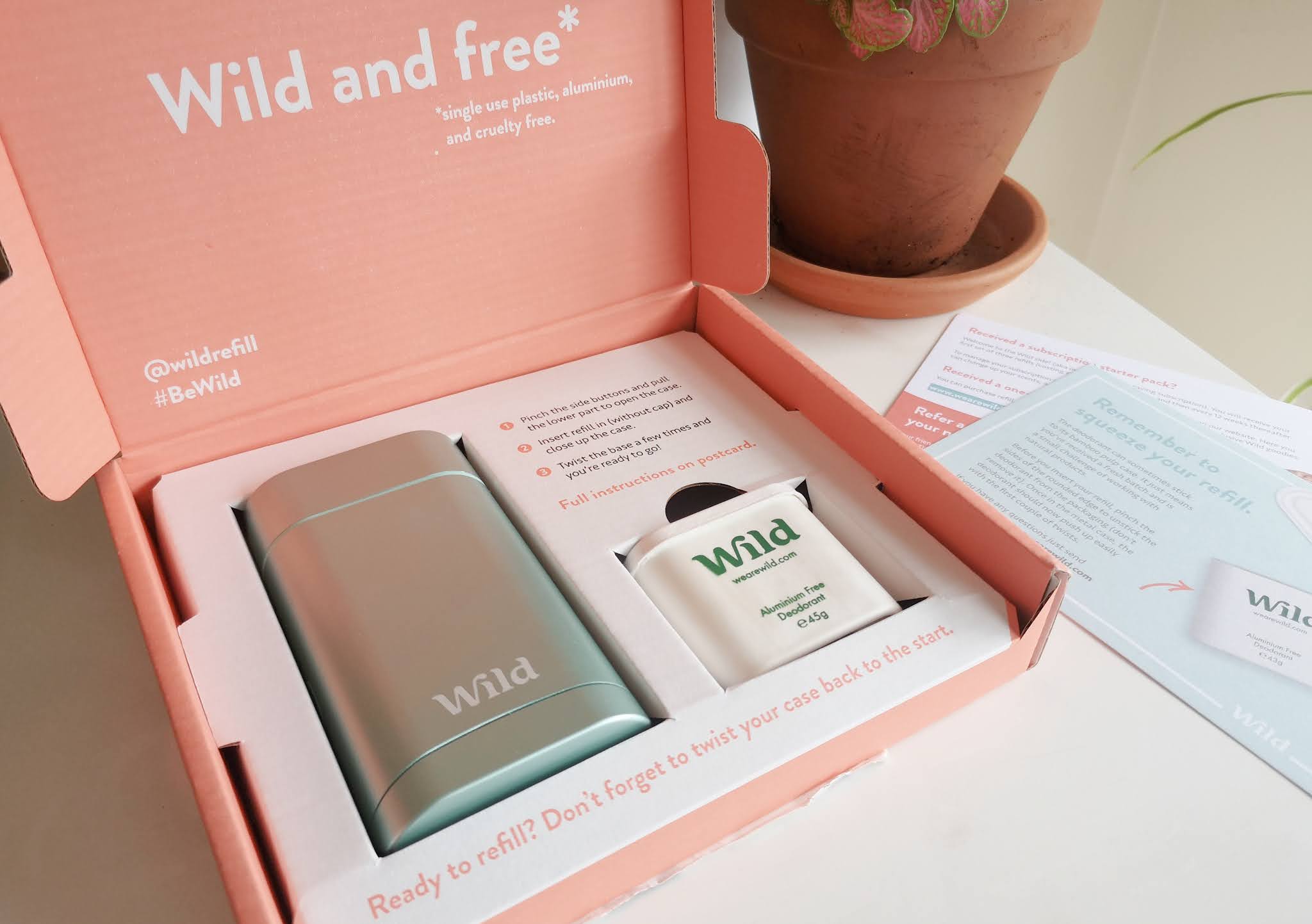 Wild Deodorant's branded box with applicator and refill. 