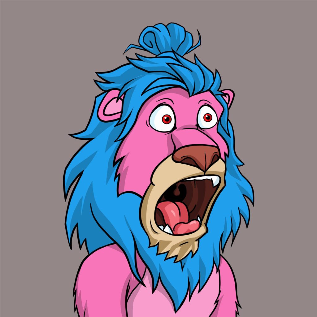 An image of a Lazy Lion NFT, which is a cartoon pink furred lion with a blue mane looking shocked