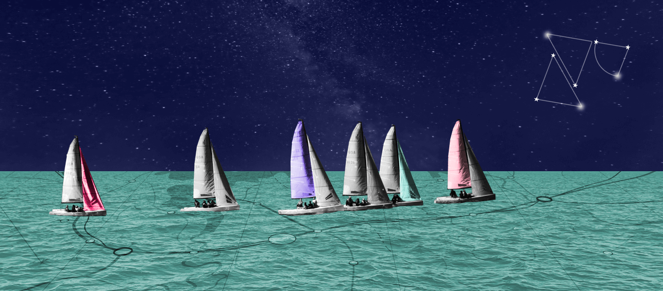 Sail boats in the Recharge colours sailing towards a Recharge logo constellation