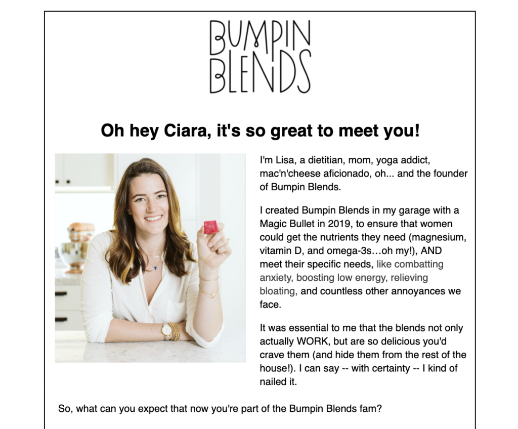 Bumpin Blends email welcoming a new subscriber.