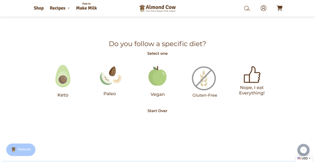 Shop Quiz from Octane AI and Recharge, as shown by Almond Cow's website questionnaire for what diet a customer follows.