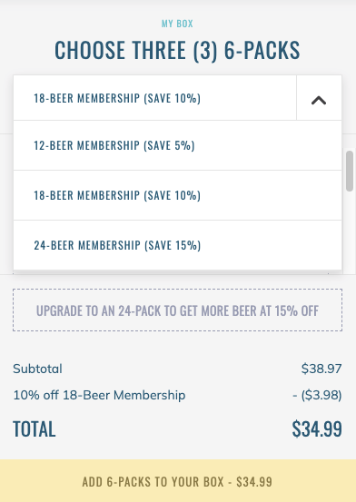 Upselling tactic for Athletic Beer company as shown in their checkout. They offer 18-beer membership at 10% savings, 12-beer membership at 5% savings, and 24-beer membership at 15% savings.