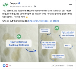 Dropps uses ecommerce social media and speaks to their customers about content they're interested in via a Facebook post.