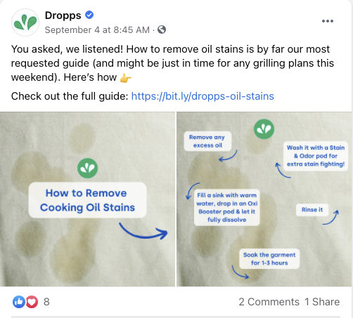 Dropps uses ecommerce social media and speaks to their customers about content they're interested in via a Facebook post.
