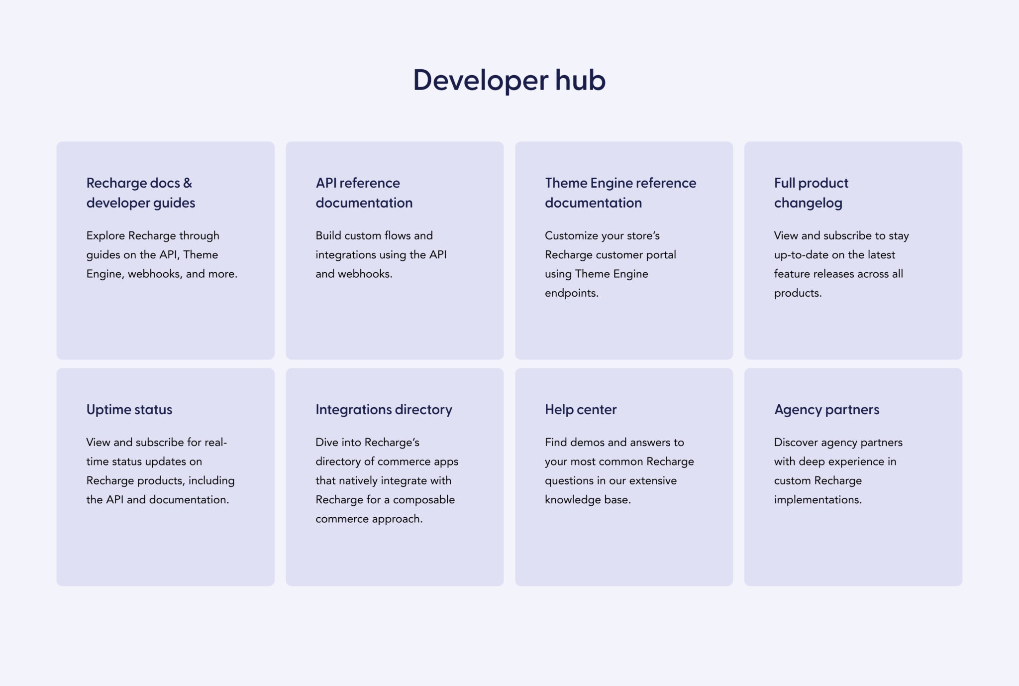 The new developer hub provides access for developers to reference documentation for the Recharge API and more.