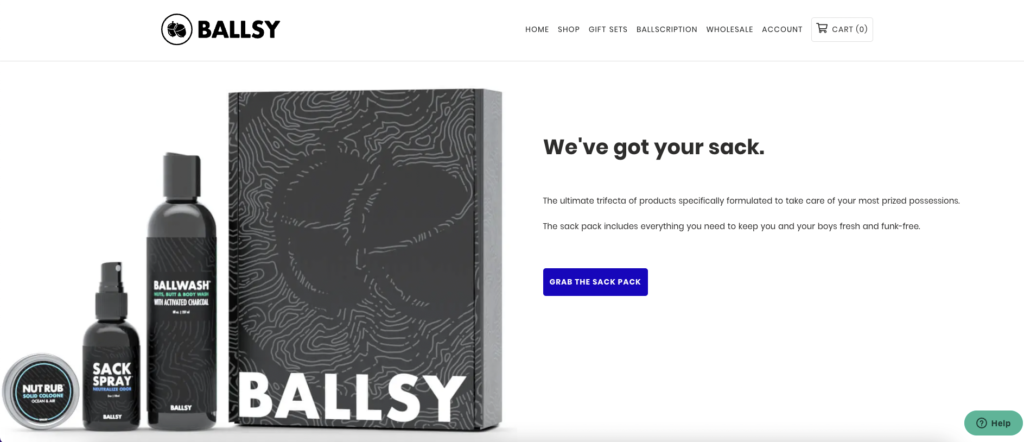 Homepage snapshot of Ballsy's—an ecommerce subscription business— website as shown by a a gift set of their products.