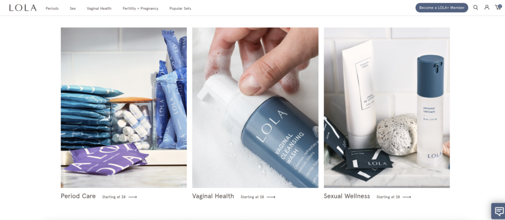 Homepage snapshot of LOLA's—an ecommerce subscription business— website as shown by snapshots of the three categories of subscription products they offer.