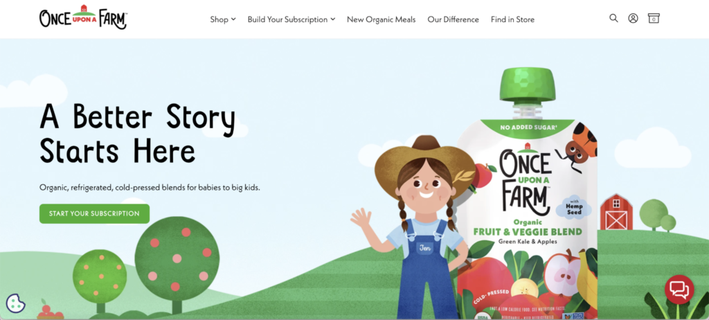 Homepage snapshot of Once Upon a Farm's—an ecommerce subscription business— website as shown by a cartoon farmer standing next to one of their products.