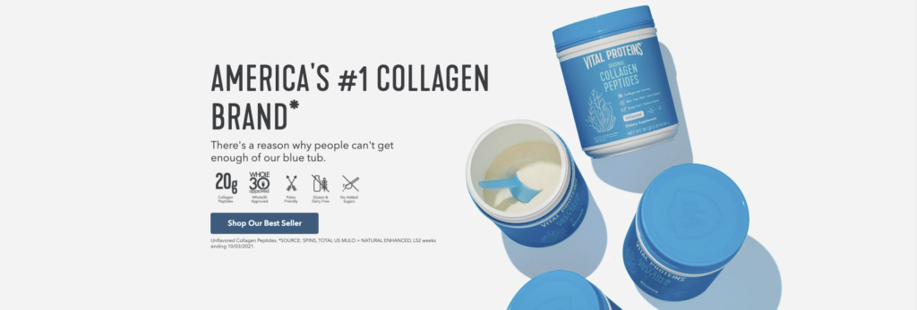 Homepage snapshot of Vital Protein's—an ecommerce subscription business— website as shown by a tub of their collagen peptides with a scoop in it.