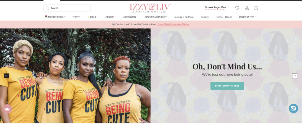 Homepage snapshot of Izzy & Liv's—an ecommerce subscription business— website as shown by their customers in shirts that say "Out Here Being Cute".
