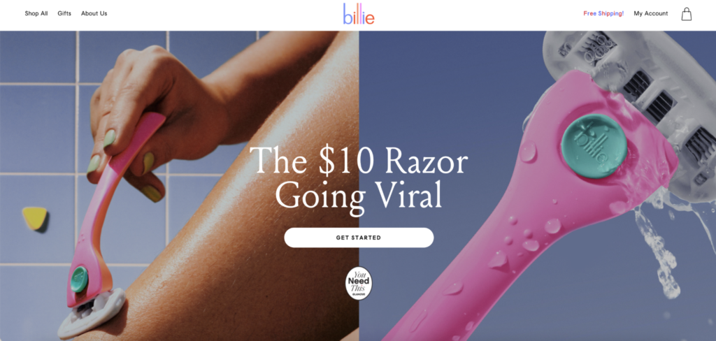 Homepage snapshot of Billie's—an ecommerce subscription business— website as shown by someone shaving their legs with a Billie razor.