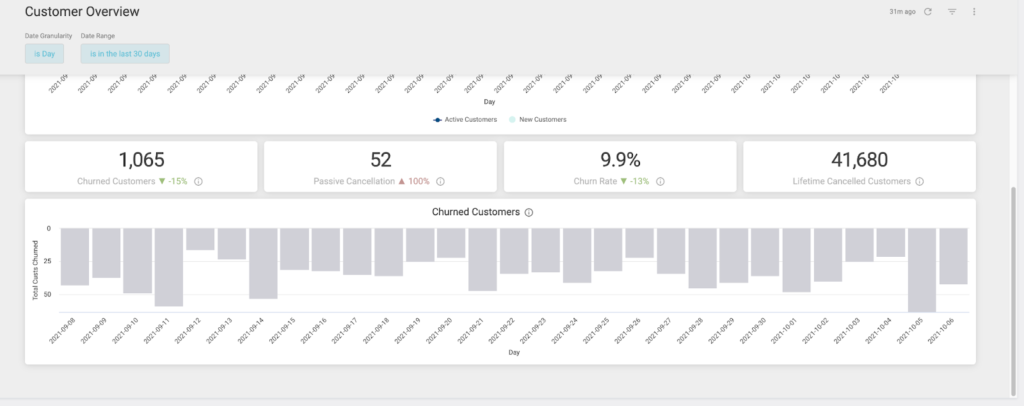 Customer overview dashboard as shown by churned customer graphs