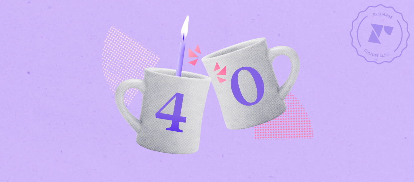 Two coffee cups with 40 on their surfaces cheersing, to celebrate 40 days at Recharge