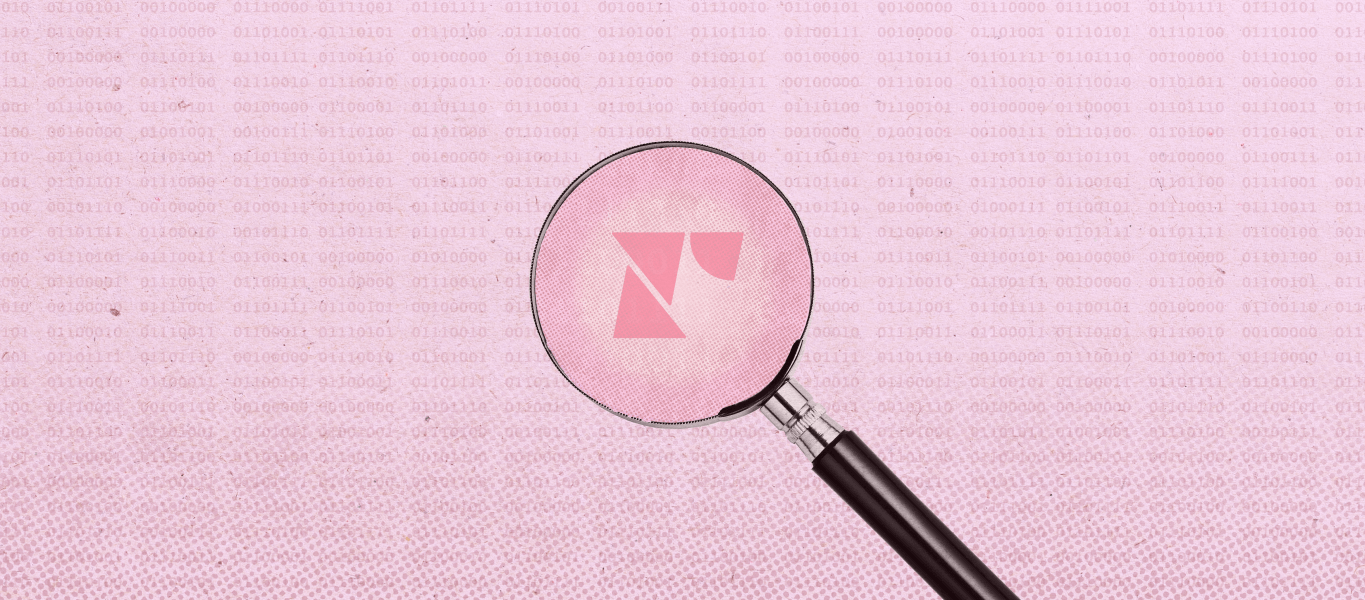 A magnifying glass is seen over a pink background with coding.