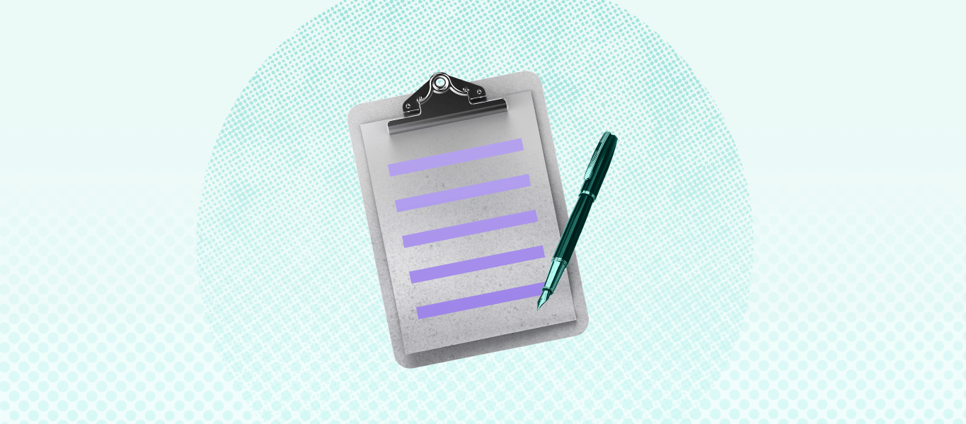 This image shows a light blue background with a clipboard in the center; the clipboard has lines on it with a pen resting above it.