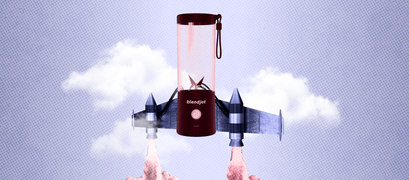 A blender with wings is shot into the air like a rocket, against a light purple background and white clouds.
