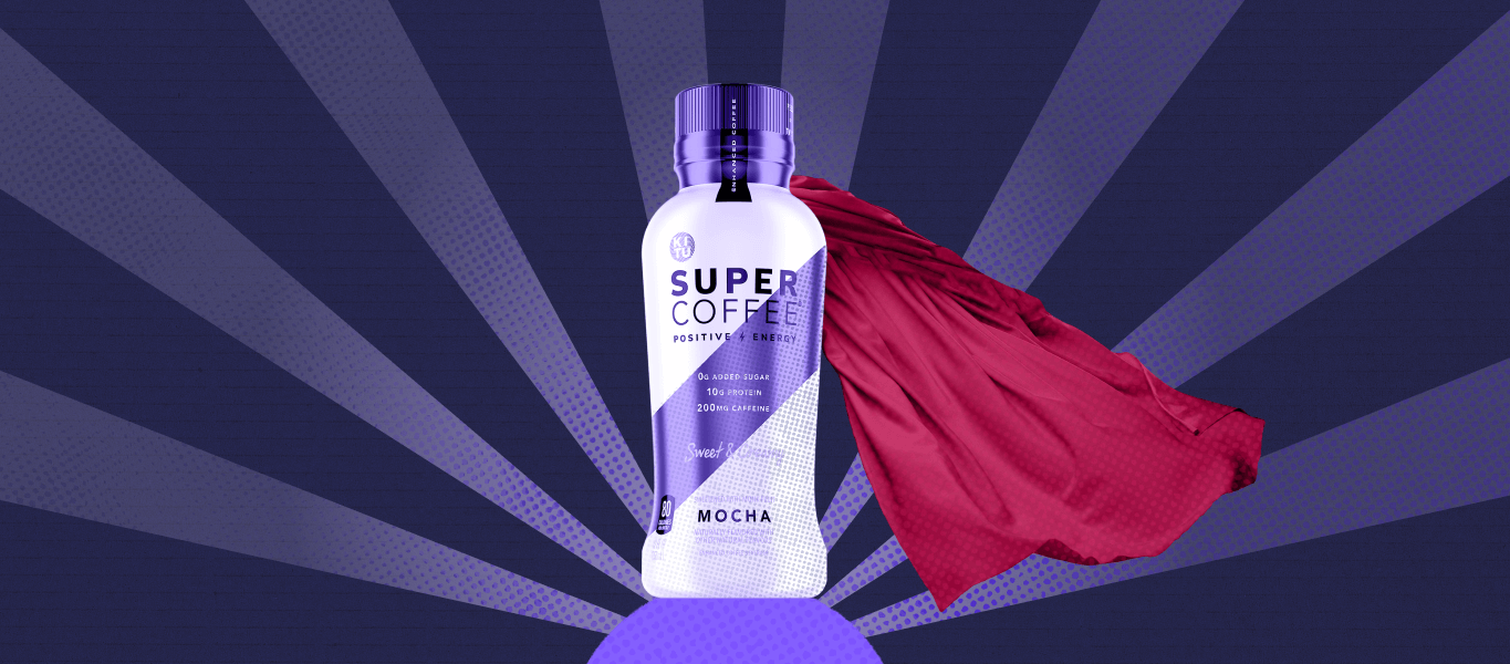 A purple bottle of Super Coffee wears a red cape that billows in the wind behind it, against a purple striped background.