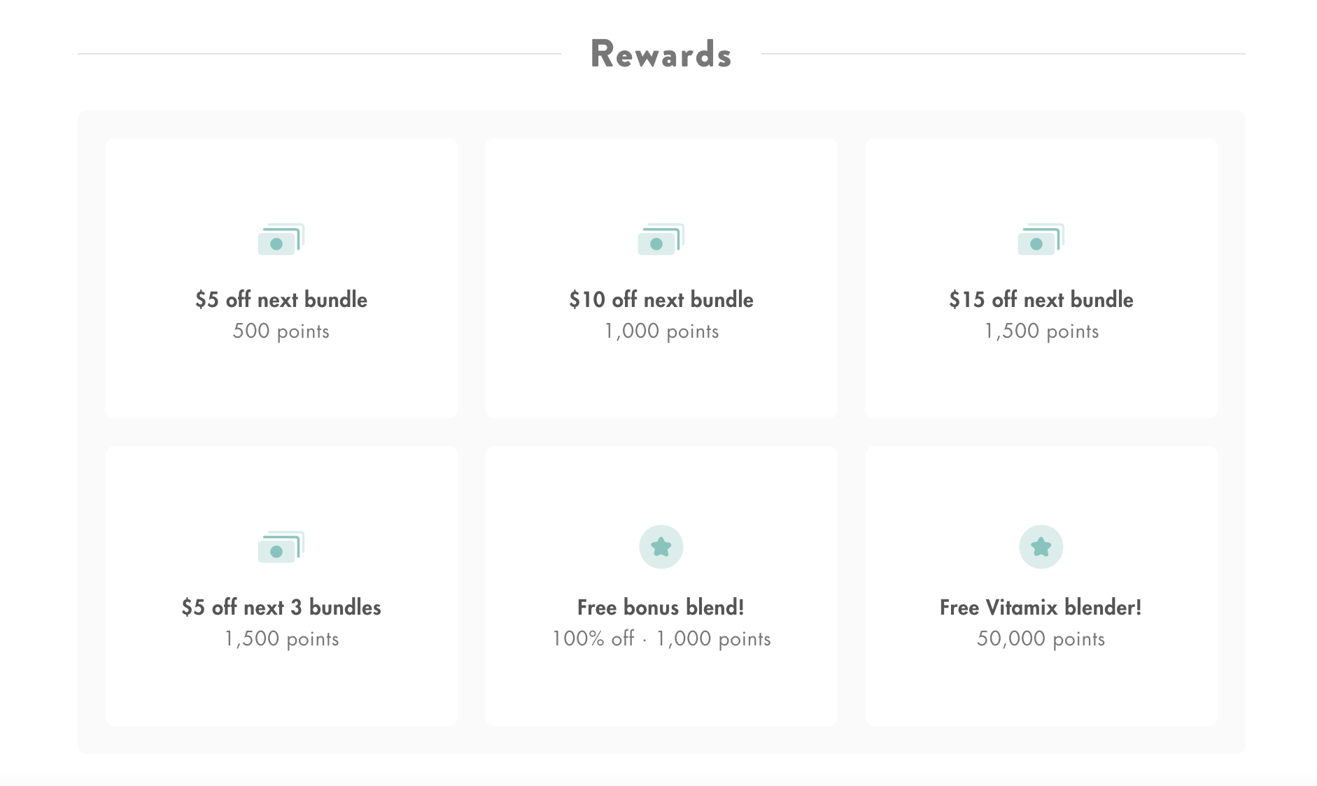 Image shows six white boxes with text and small icons, showcasing Bumpin Rewards.