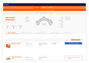 This image shows a customer portal, with a bright orange border on top and customer metrics with varying orange and grey text.