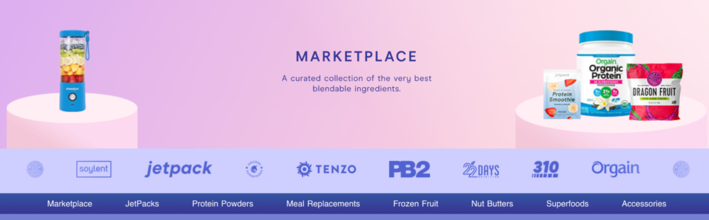 Image shows a screenshot from BlendJet's website, showcasing their Marketplace with a blender on the left and products on the right.
