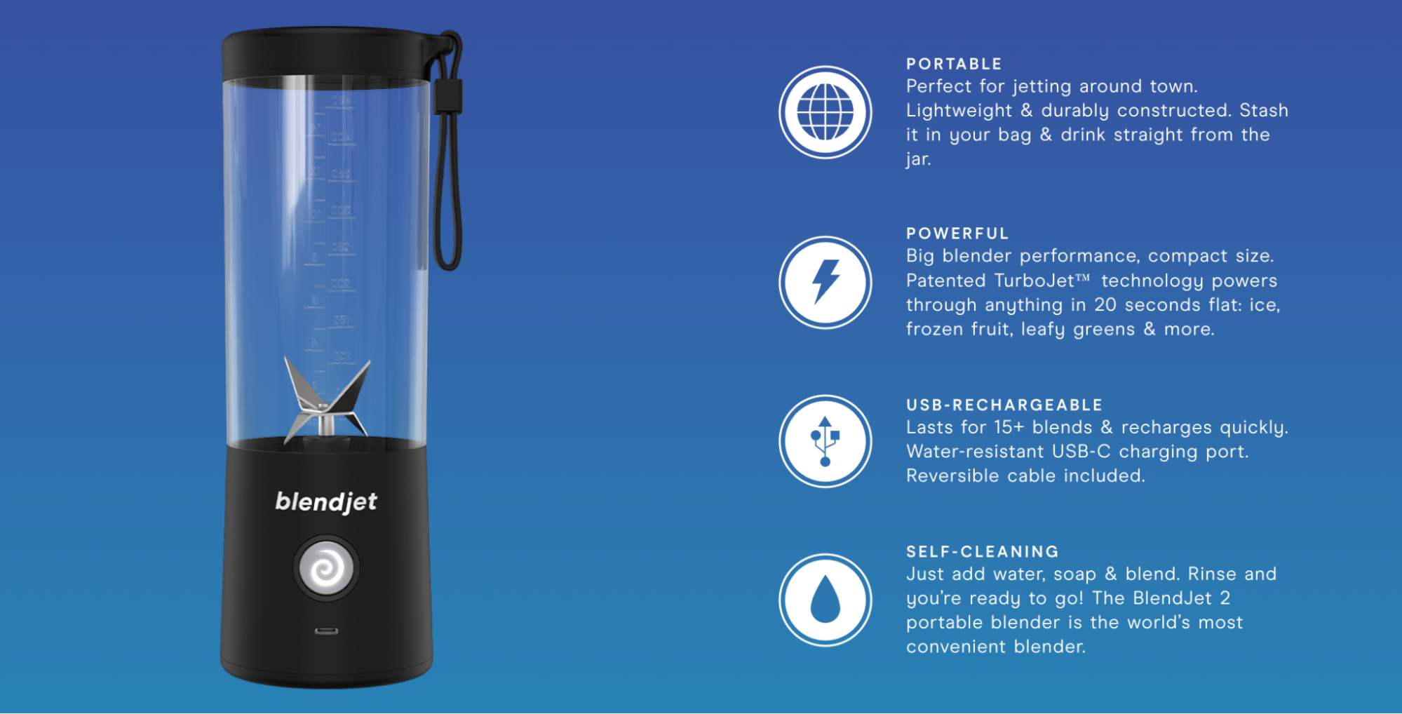 This screenshot from BlendJet's website showcases their black blender on the left, with text and icons on the right describing its functionality.