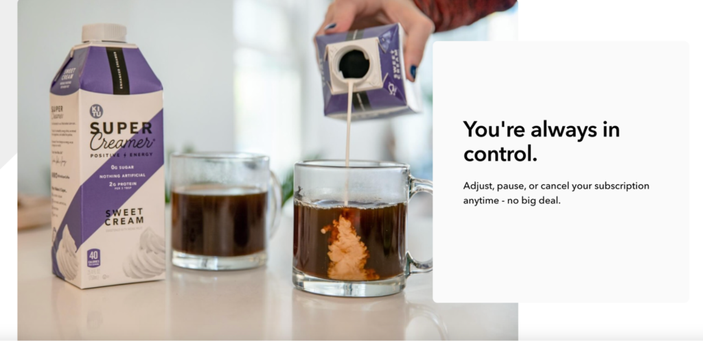 A screenshot from the Super Coffee website showing Super creamer being poured into one of two coffee glasses.