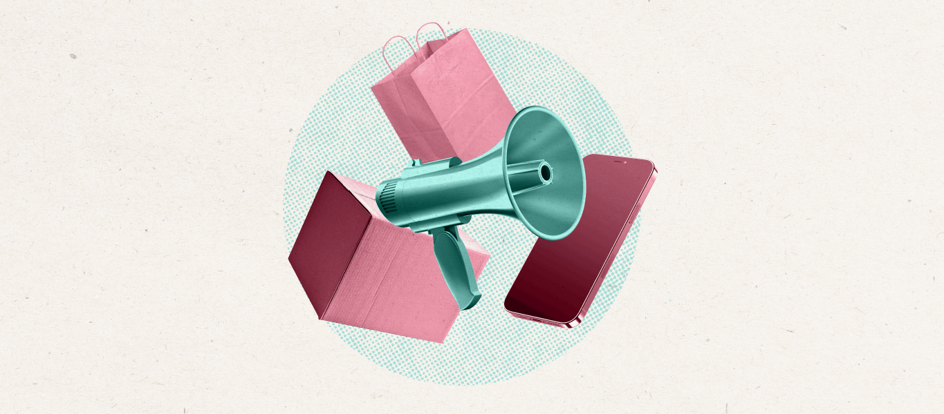 A light cream background with some objects in the center, including a megaphone, cellphone, shopping bag, and shipping box.