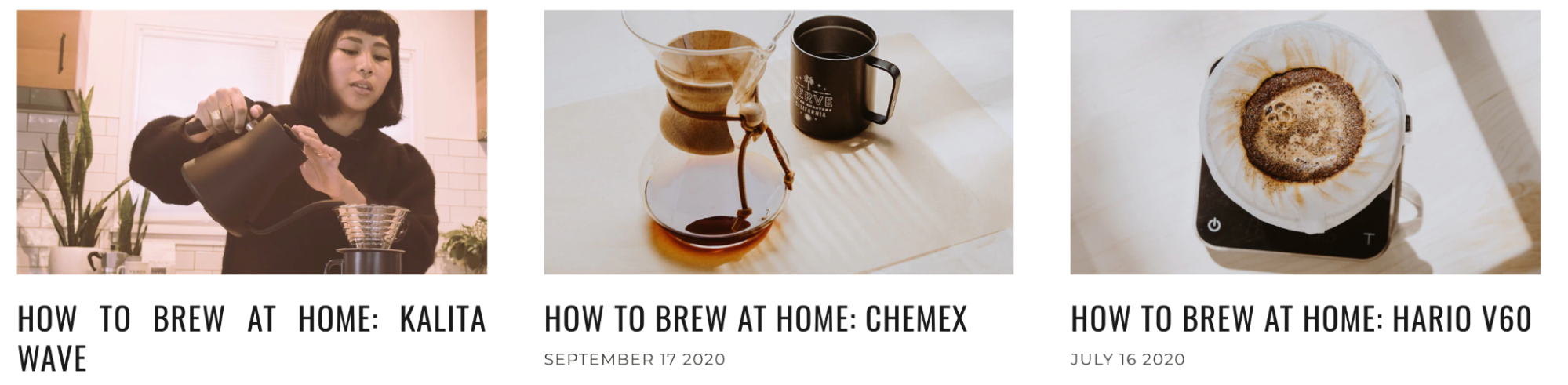 A screenshot from Verve Coffee's website shows three different blog post titles with images above.