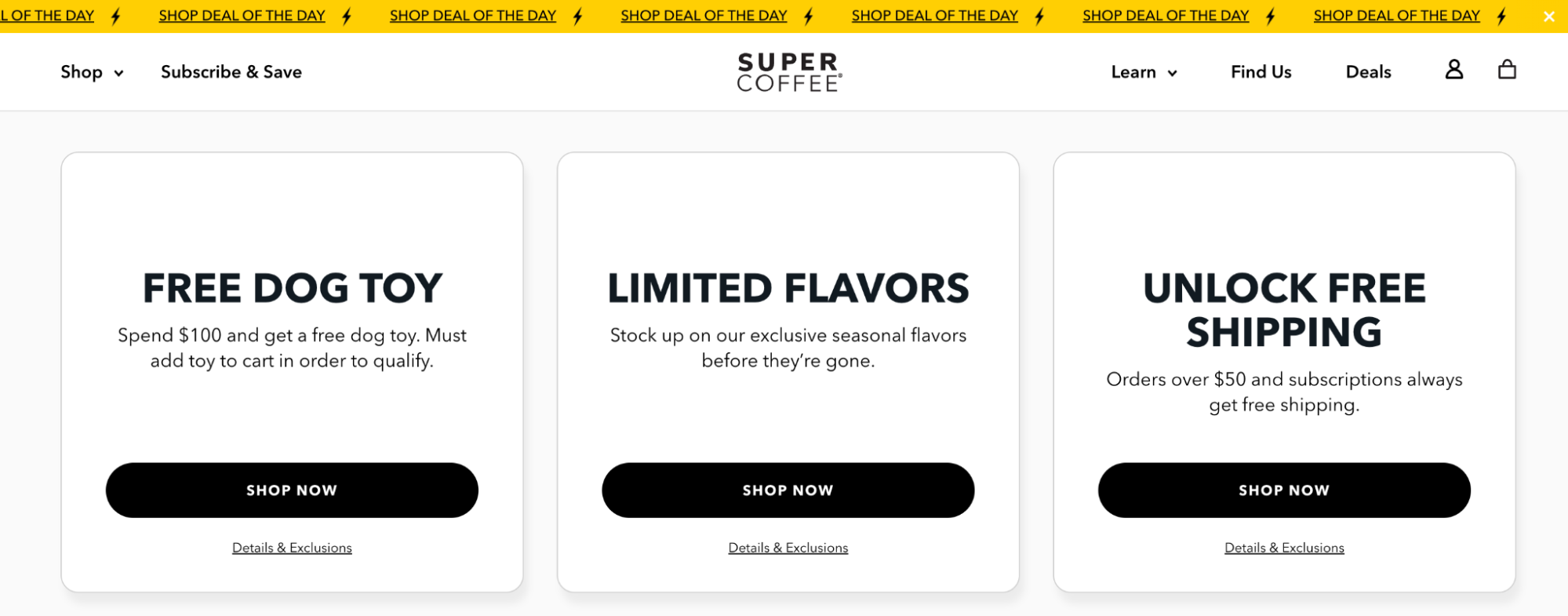 Screenshot of Super Coffee's website showcases the different incentives they have in bold black text on a white background.