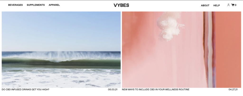 Screenshot of VYBES ecommerce website.