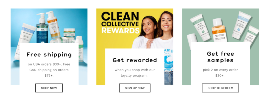 This screenshot of REN Clean Skincare's website shows images and texts describing their buying incentives and reward program.
