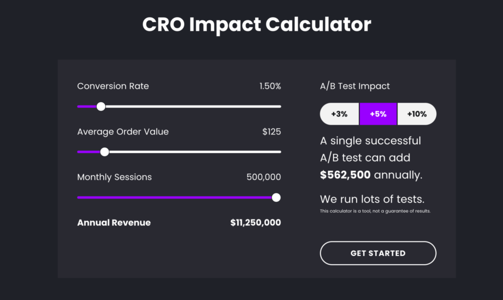 This image shows a screenshot of the Prismfly website, with their CRO Impact Calculator. 