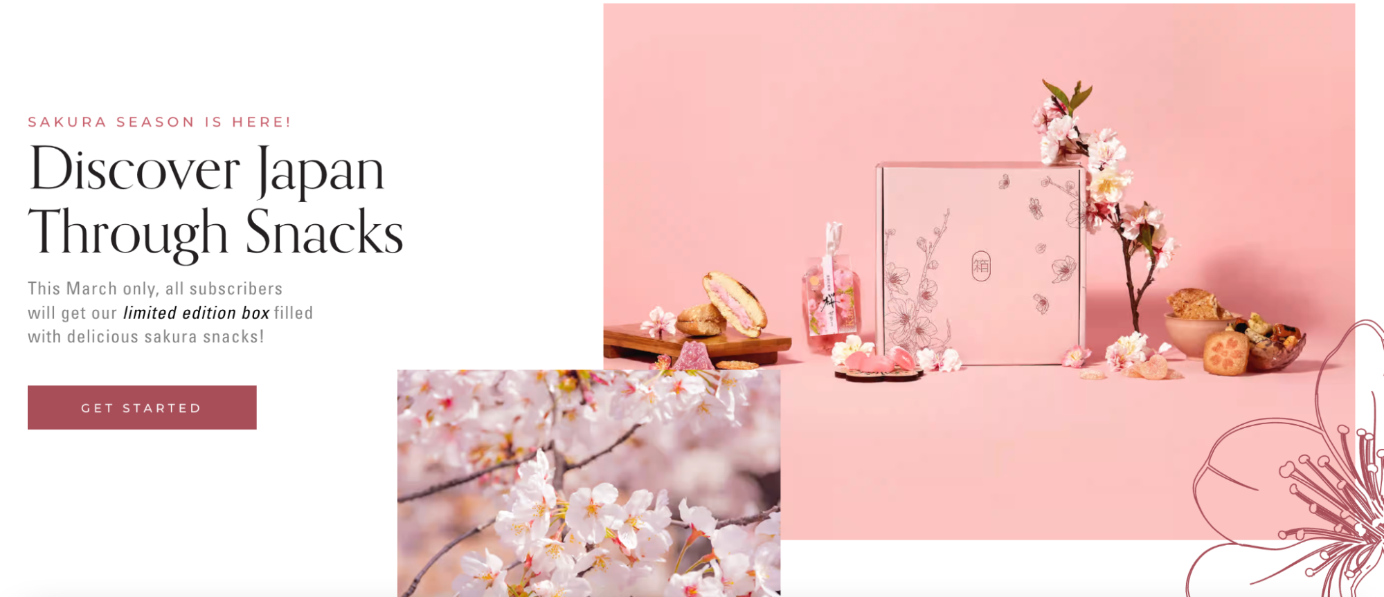A screenshot from Bokksu's website, with an image on the right of a pink box against a pink background, with cherry blossom details layered above and text on the left.