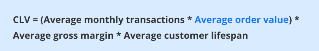A calculation showing "CLV = (Average monthly transactions * Average order value) * Average gross margin * Average customer lifespan