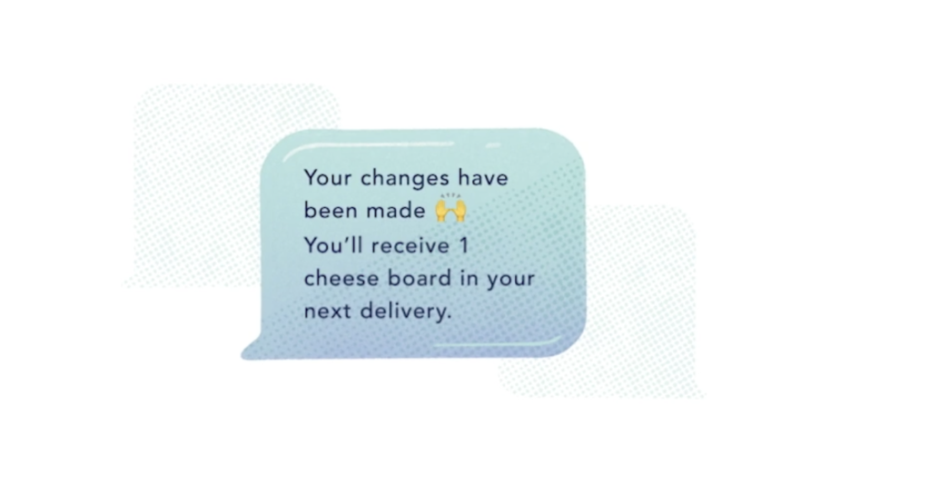 A blue cartoon text message bubble tells a customer that their order changes have been made.