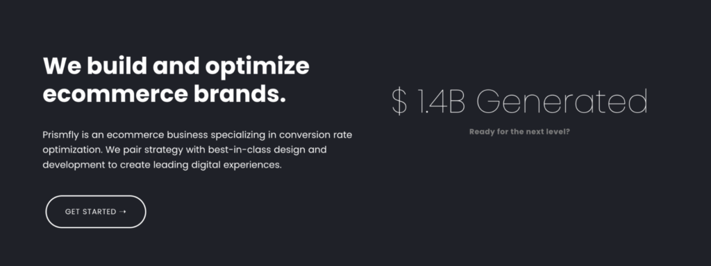 Prismfly's website showcases a black background with white text, describing their purpose and the revenue they've generated for brands.