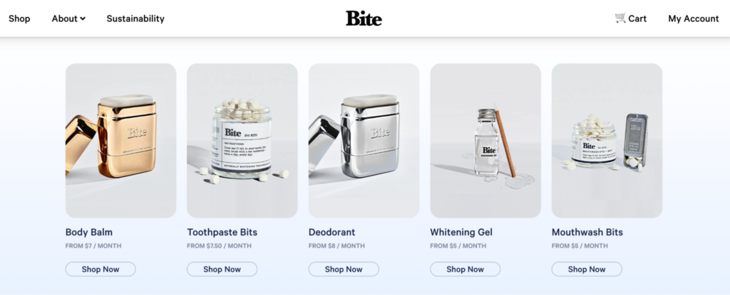 Screenshot of Bite's website shows the different products they offer, with photos, product names, and prices.