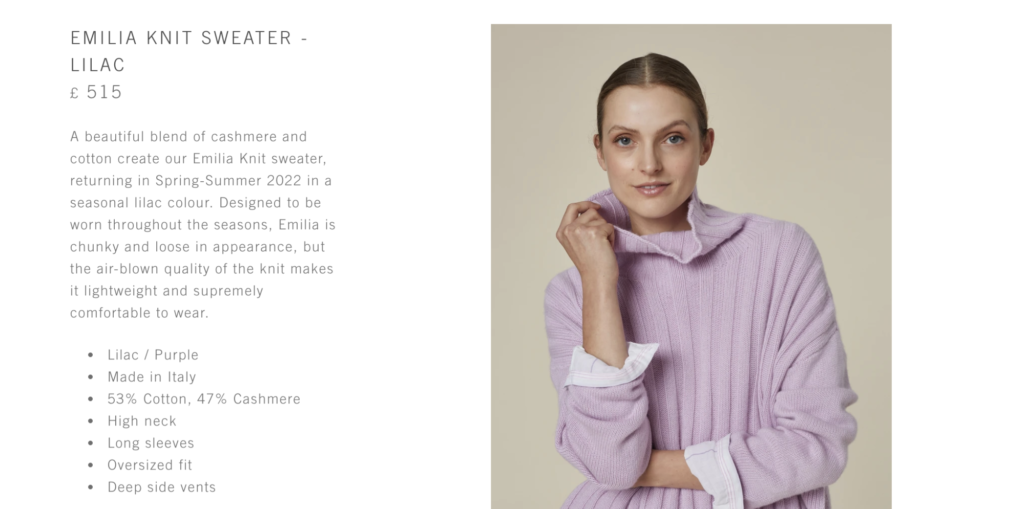 Screenshot of Bamford's website shows a product page for a lilac-colored sweater, with an image on the right and text on the left.
