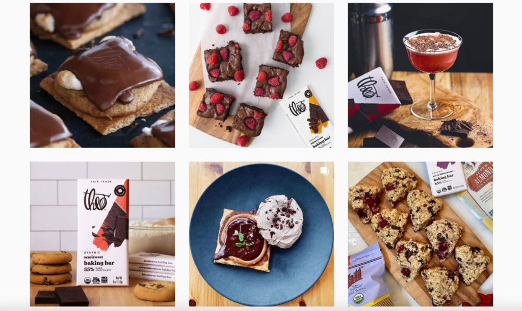 Image shows Theo Chocolate's Instagram page, with six squares of photos showing foods and drinks.