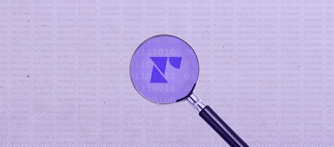 A magnifying glass appears with the Recharge logo, above a purple background with faint coding.