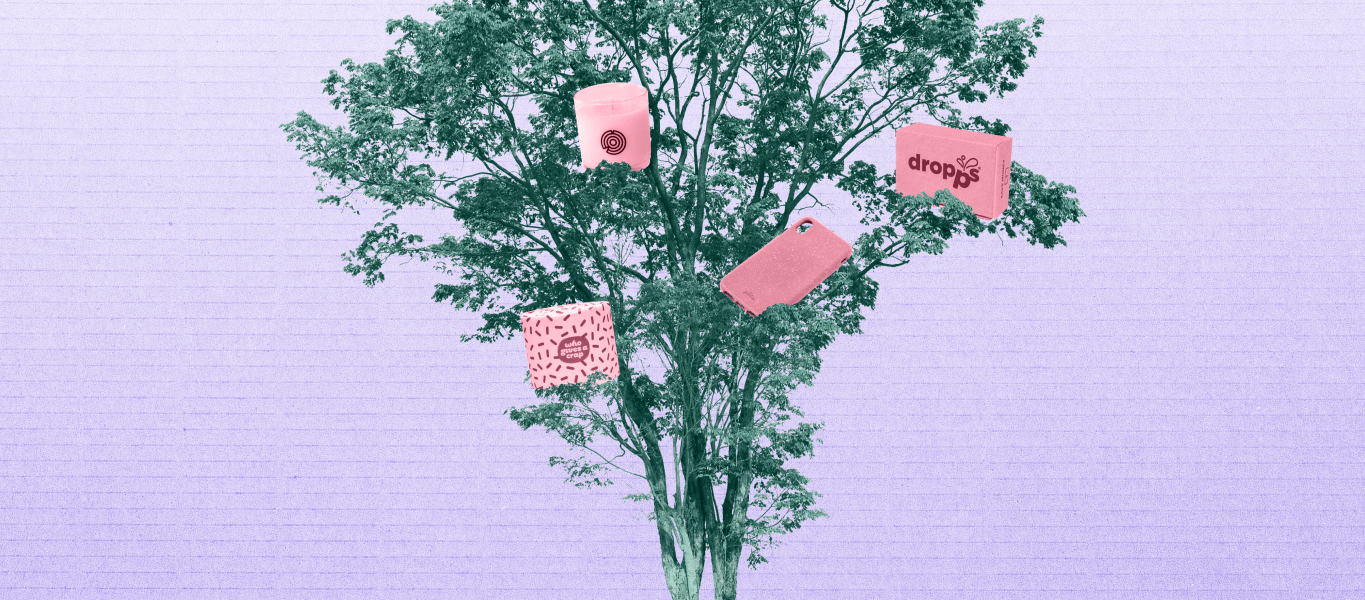 Sustainable ecommerce illustrated by a tree with 4 products focused on sustainability.