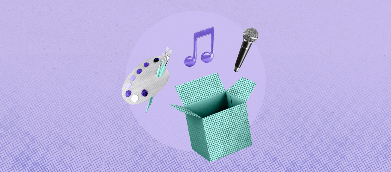 Image shows a paint palette, music note, microphone, and shipping box.